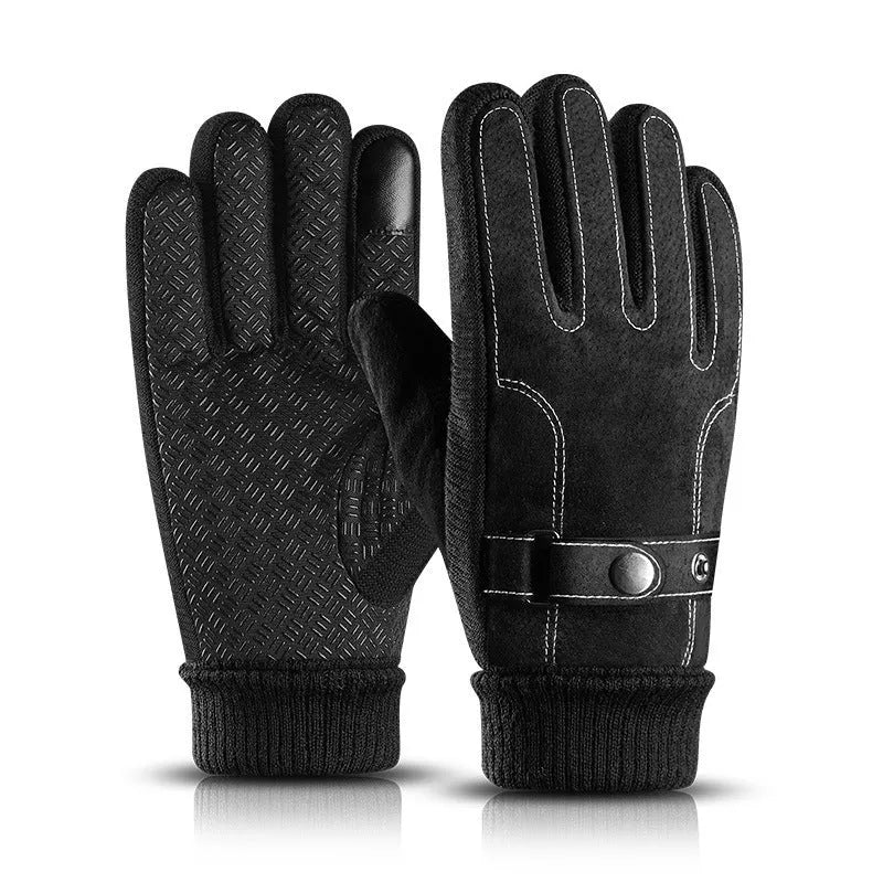 Men's warm genuine pigskin leather touch screen gloves in brown with fleece lining