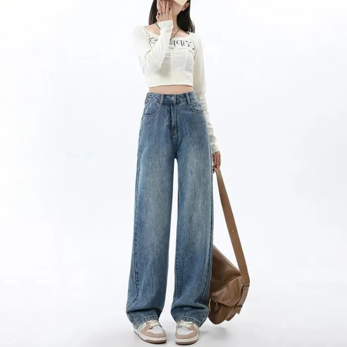 Retro blue women's wide leg jeans with high waist and straight cut design