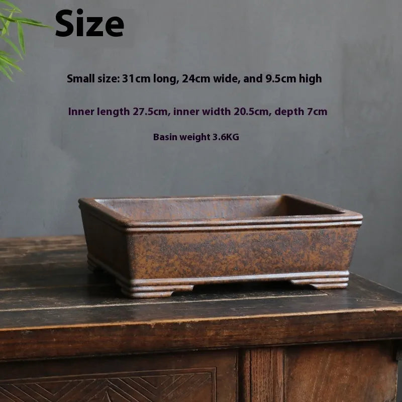 Purple sand rectangular bonsai pot with firewood burning pattern for pine and cypress plants