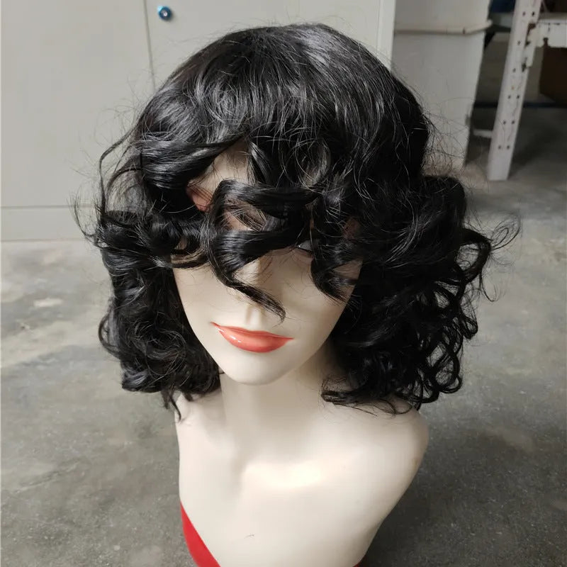 Women's short black synthetic Afro wig with long curly texture