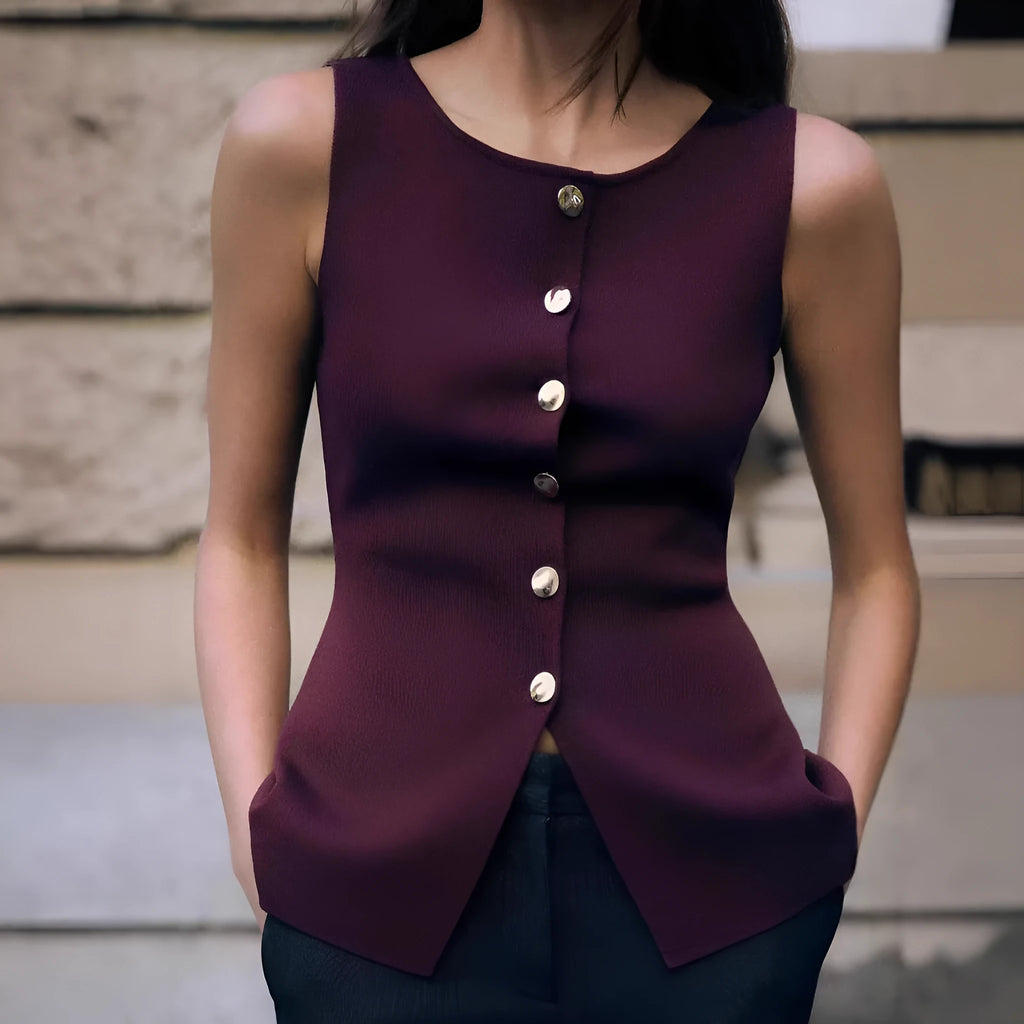 Dark red women's sleeveless vest cardigan with 3D pattern, slim fit viscose fibre construction