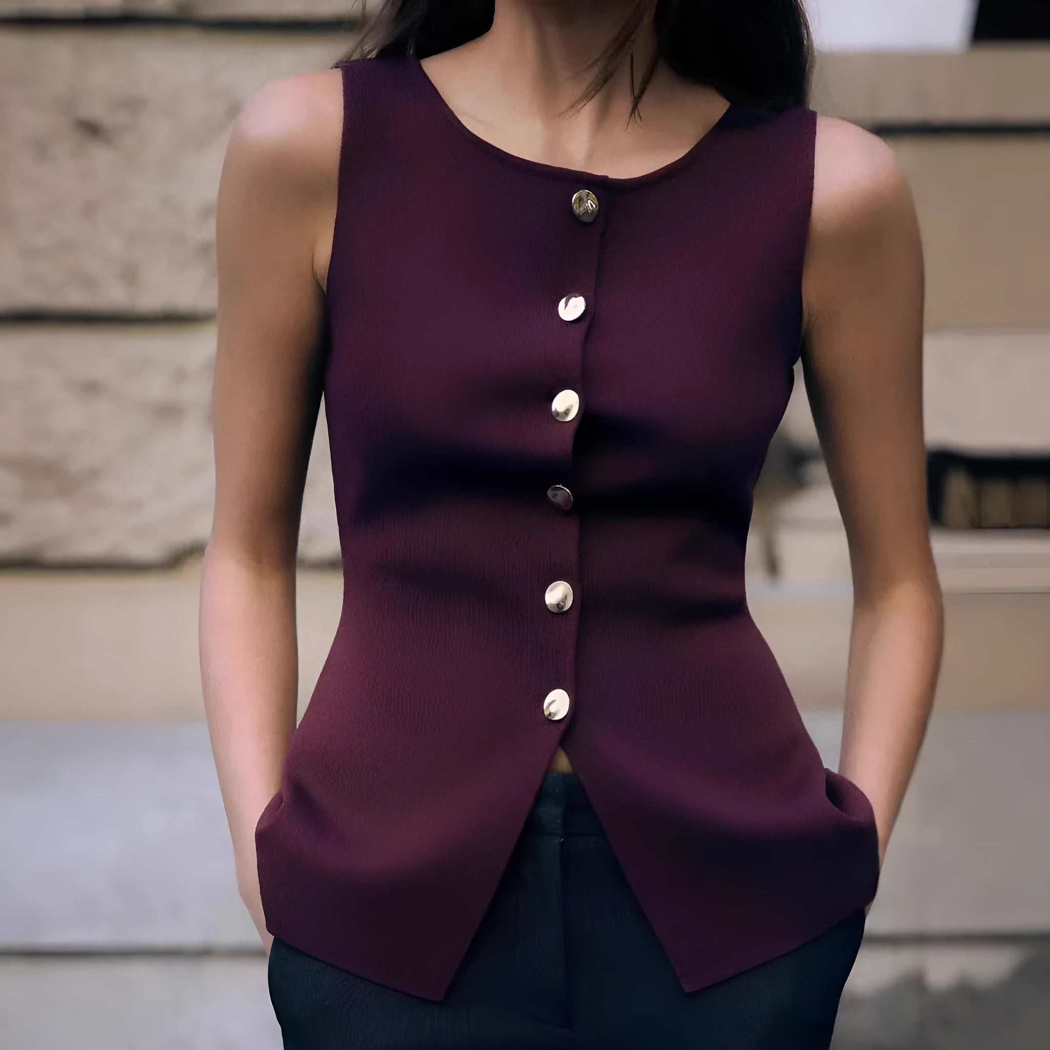 Dark red women's sleeveless vest cardigan with 3D pattern, slim fit viscose fibre construction