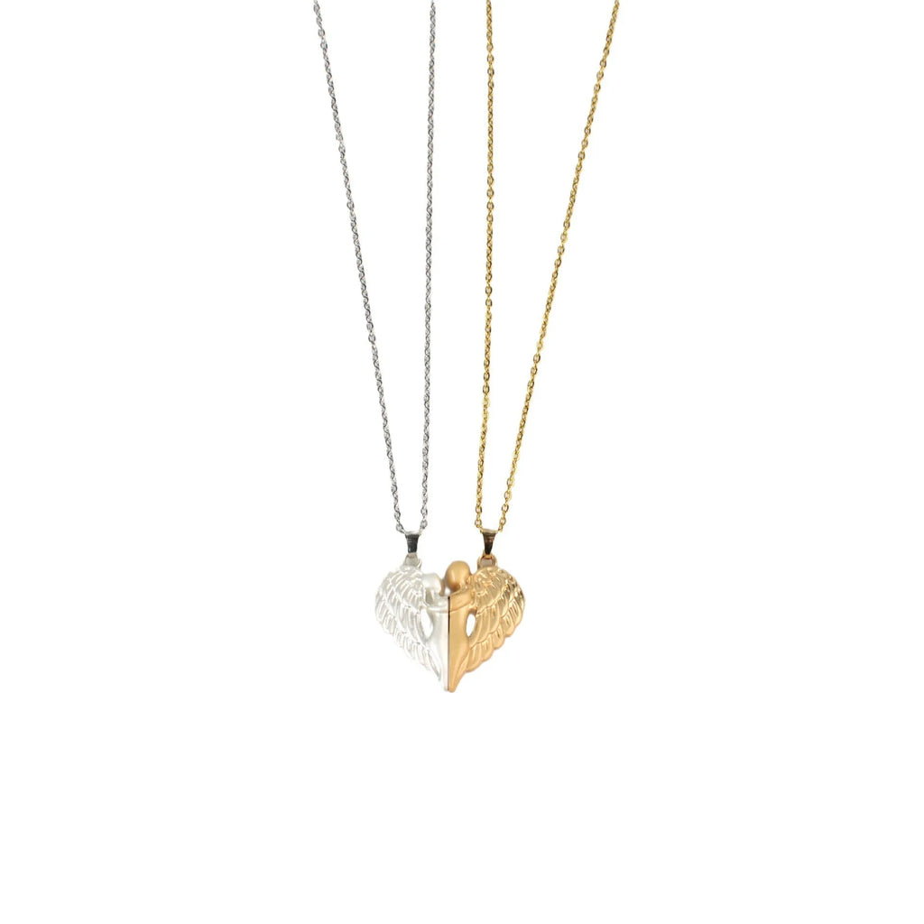 Couple magnet hug necklace set with alloy heart and wing pendant on 50cm stainless steel chain in black silver or gold silver