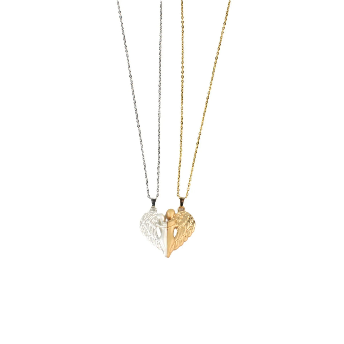 Couple magnet hug necklace set with alloy heart and wing pendant on 50cm stainless steel chain in black silver or gold silver