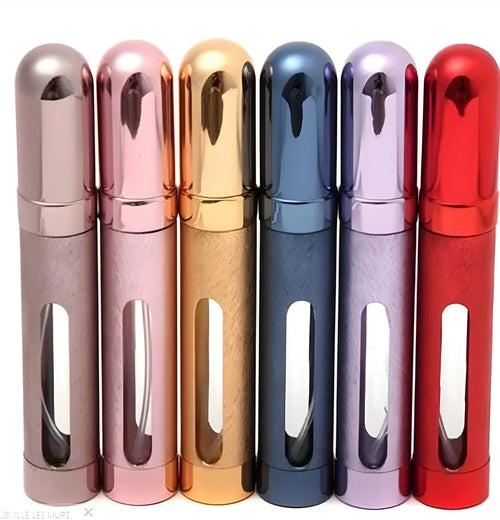 12ml portable perfume bottle, aluminium bottle with glass liner, 115mm x 20mm, 24g, shown in blue gold pink red silver violet
