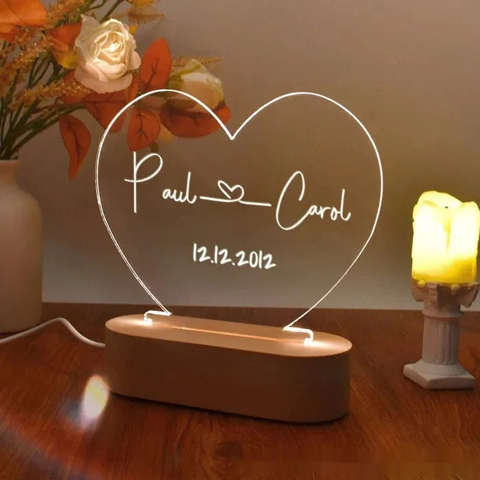 Personalised acrylic night light with custom names and dates, USB powered, modern art design