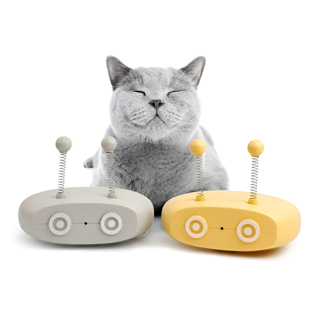 Electric cat interactive toy with automatic steering and random movement in blue, with pointer cat toy, wagging tail, and spring balls