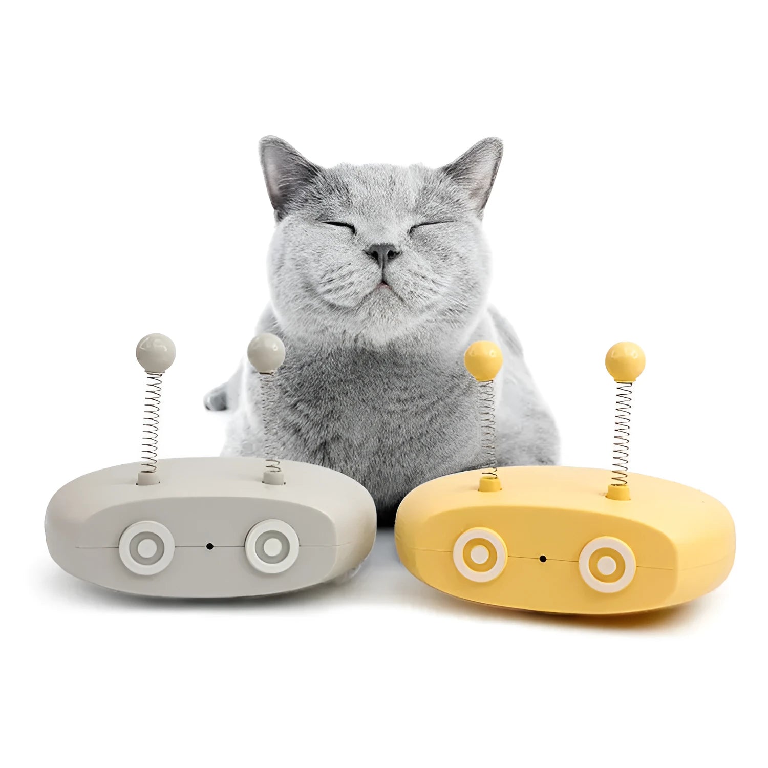 Electric cat interactive toy with automatic steering and random movement in blue, with pointer cat toy, wagging tail, and spring balls