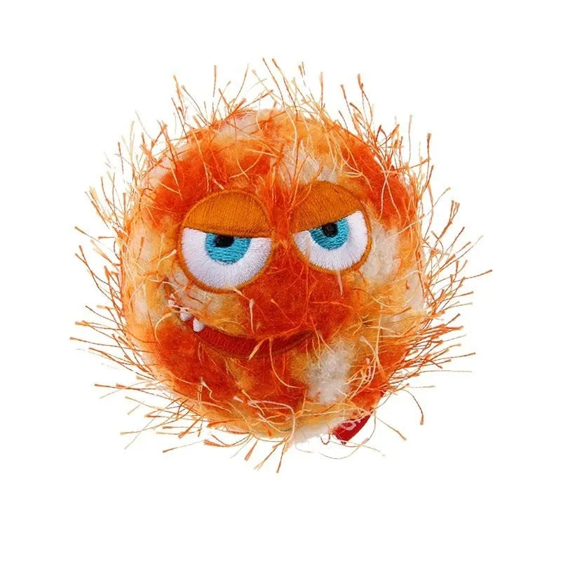 Rubber molar dog toy ball with plush sound, shown in orange yellow or yellow green