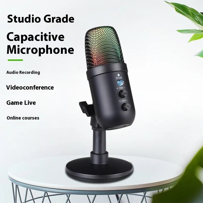 Black USB desktop microphone with RGB lighting for streaming and gaming.