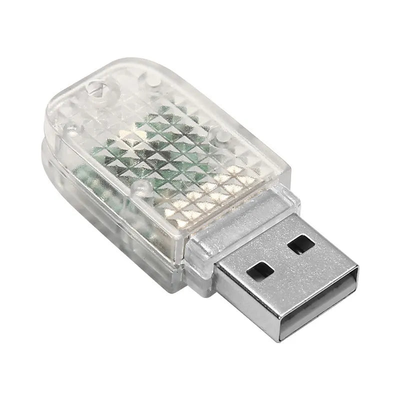 USB car ambient light with touch and voice control for white, blue, ice blue, pink, and RGB lighting modes.