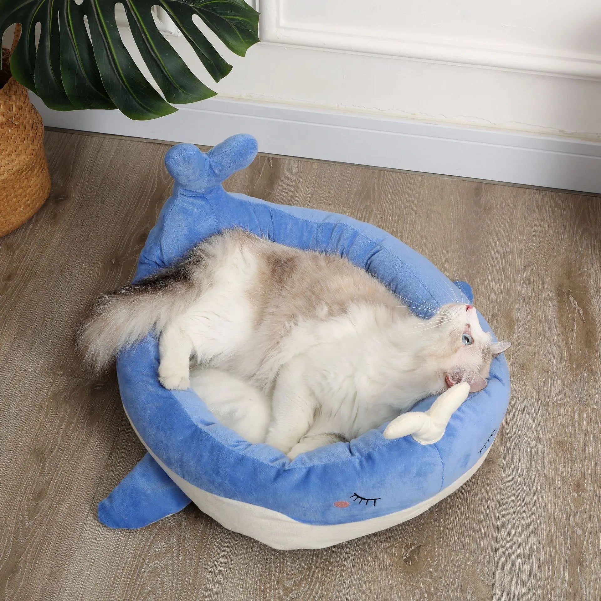 Blue duck shape fluffy pet bed for small dogs and cats with raised edges
