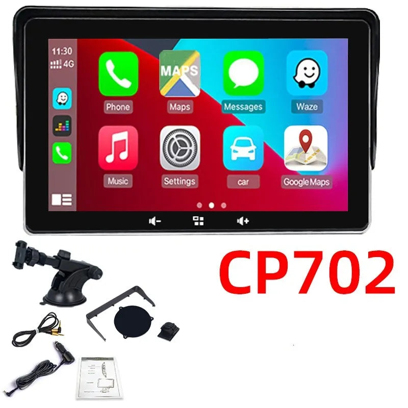 7-inch wireless CarPlay car display with suction cup mount and cigarette lighter power cable