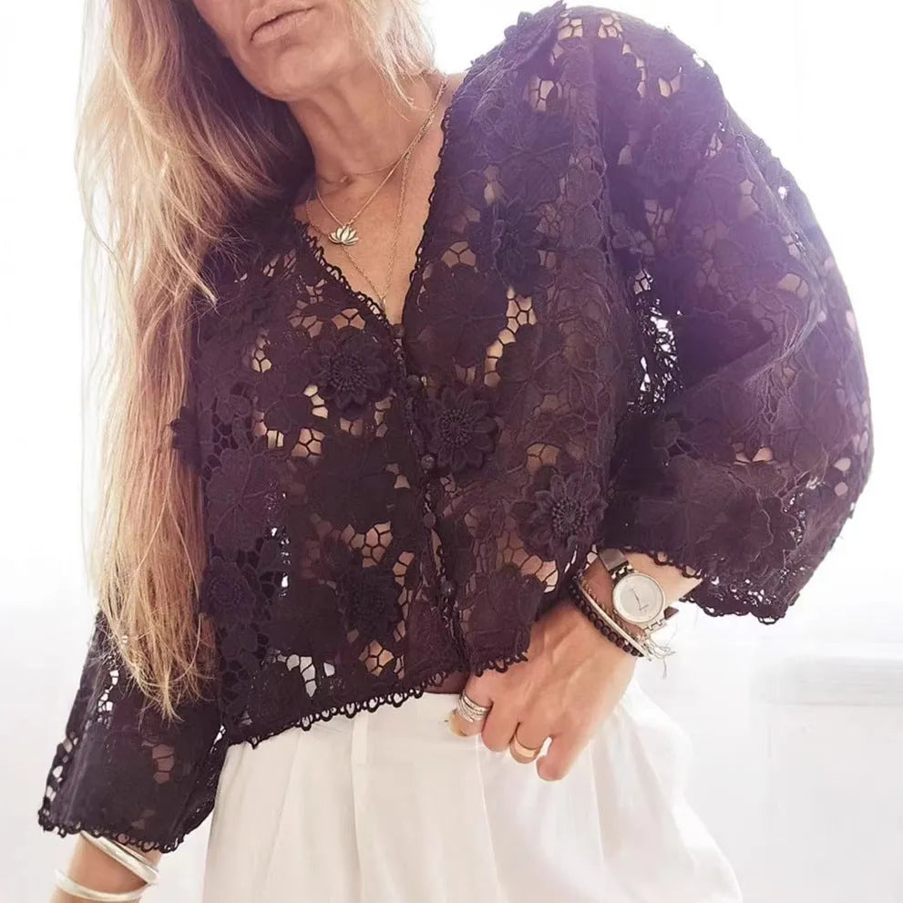 Women's lace V-neck cardigan with three-dimensional floral sleeves in loose fit street fashion style