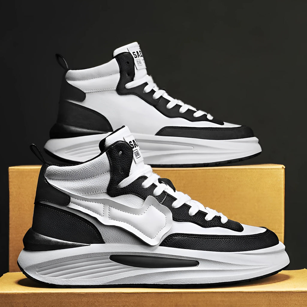 Men's black and white platform high-top board shoes with round toe and wear-resistant sole