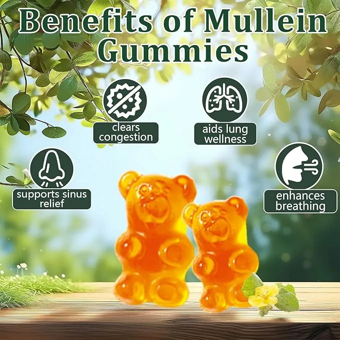 Mullein gummy 60 count bottle with pear-flavoured vegan pectin gummies for respiratory support