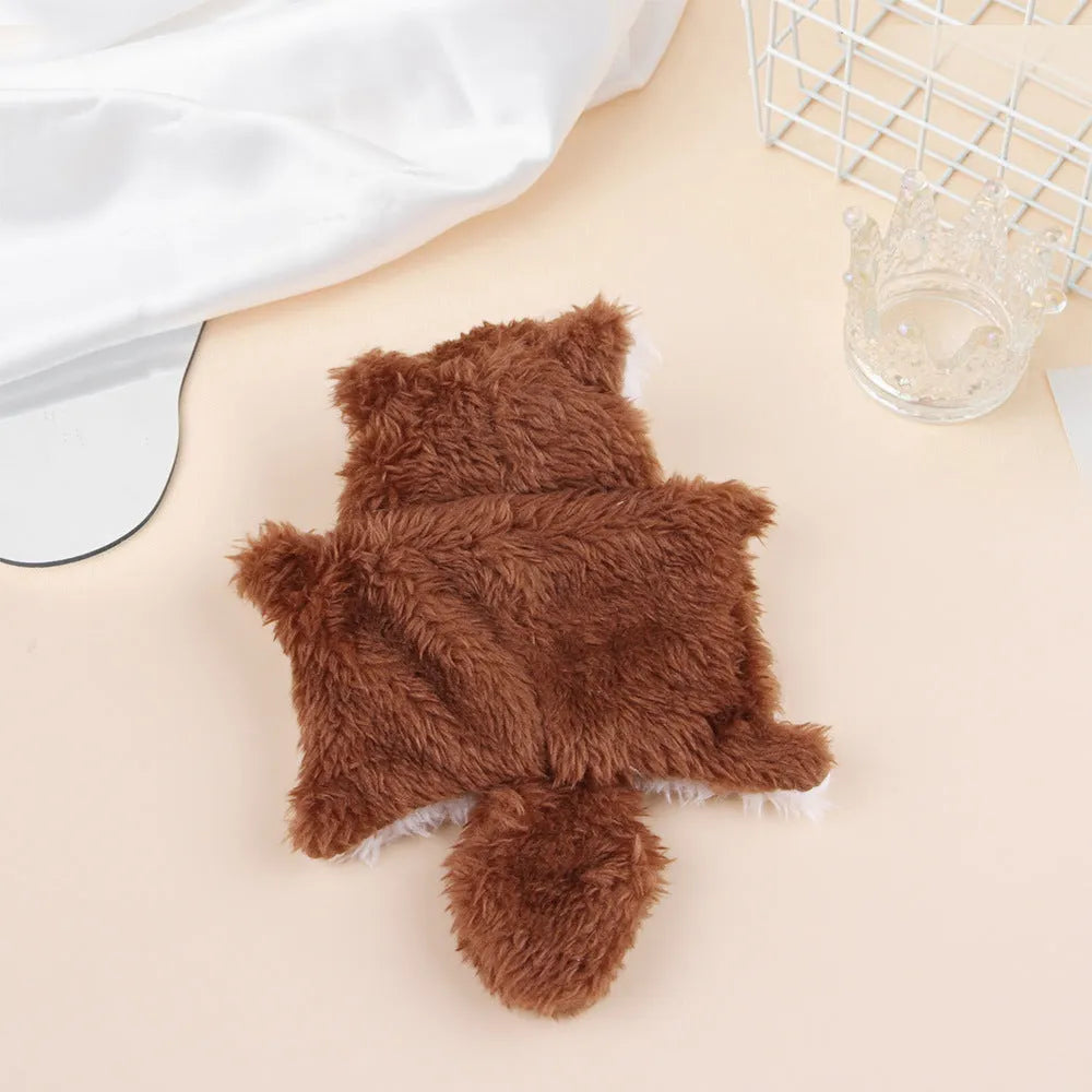 Plush flying squirrel cat teaser toy with ringing paper sound and plastic wand, in brown or gray.