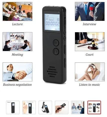 Black MP3 digital voice recorder with display screen showing recording time