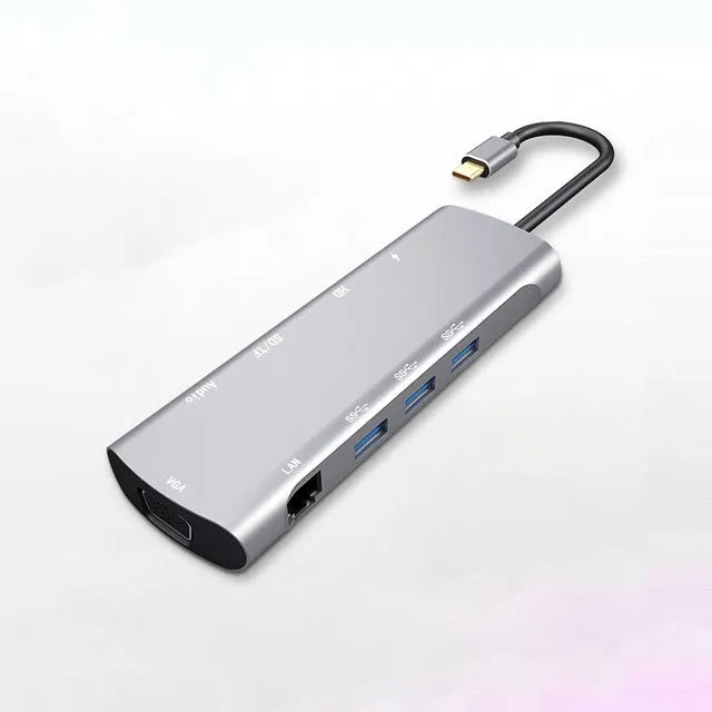 Grey aluminium USB-C docking station with HDMI, VGA, USB 3.0 ports and 140mm cable
