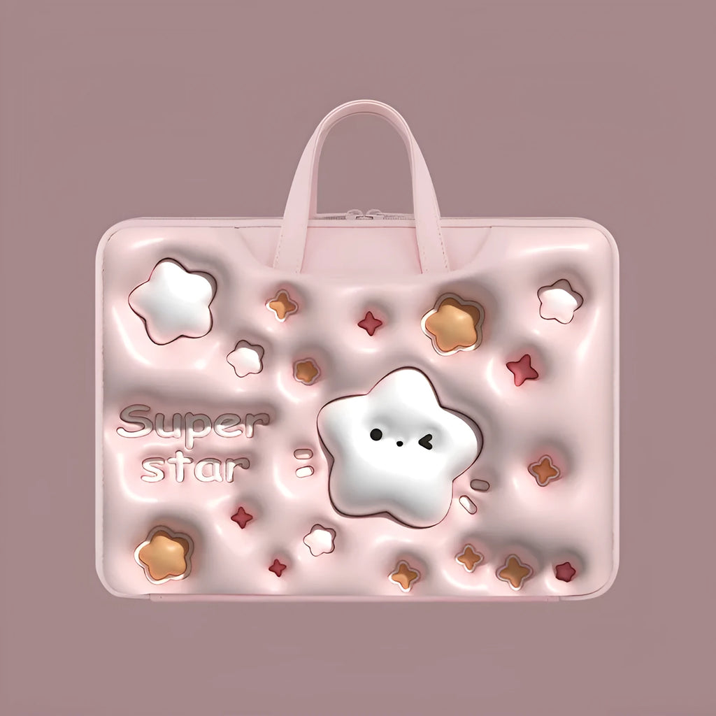 PU leather inflatable laptop bag with strap, shown in a cute character design.