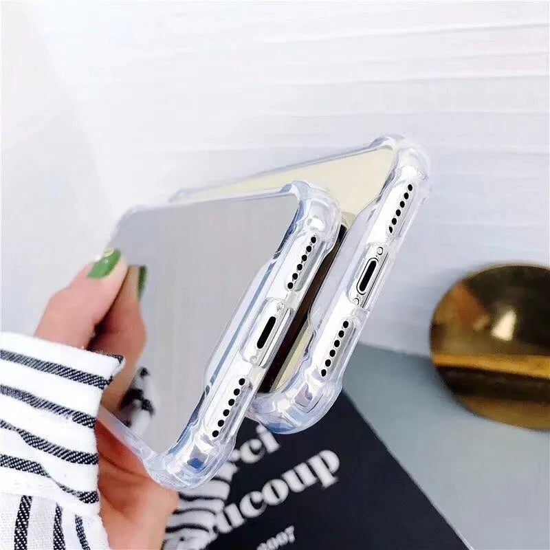 TPU mirror phone case for iPhone showing reflective back and soft protective edges