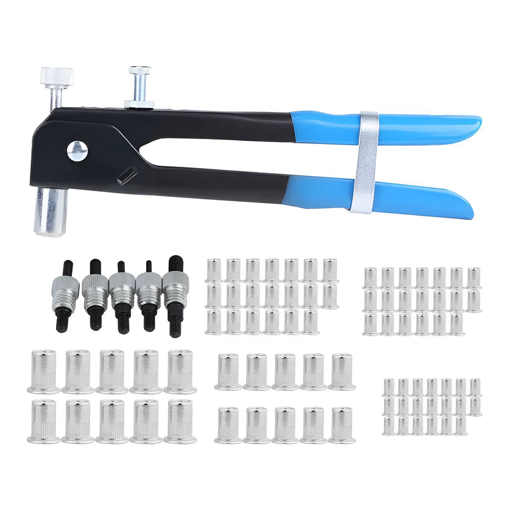 Manual riveter nut set with alloy steel construction, interchangeable nosepieces, and organised components in storage case