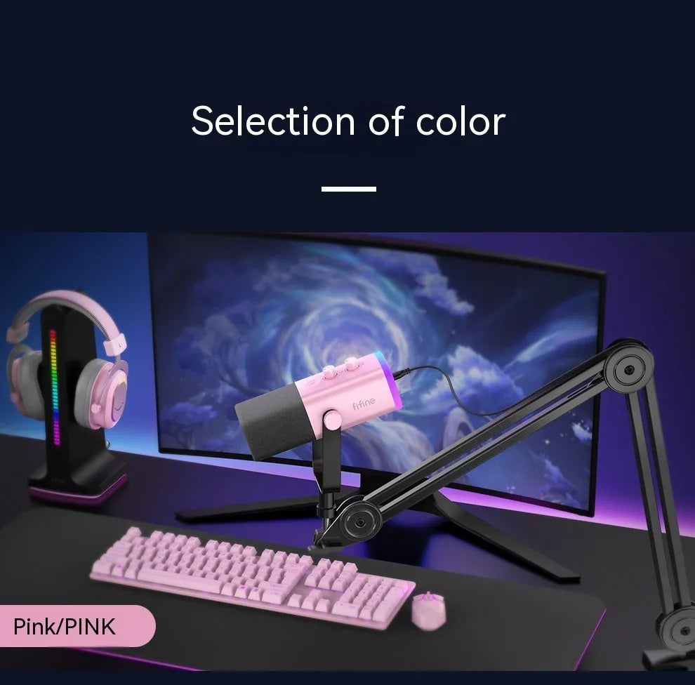 Dynamic noise reduction microphone in black, pink, or white with XLR cable and base