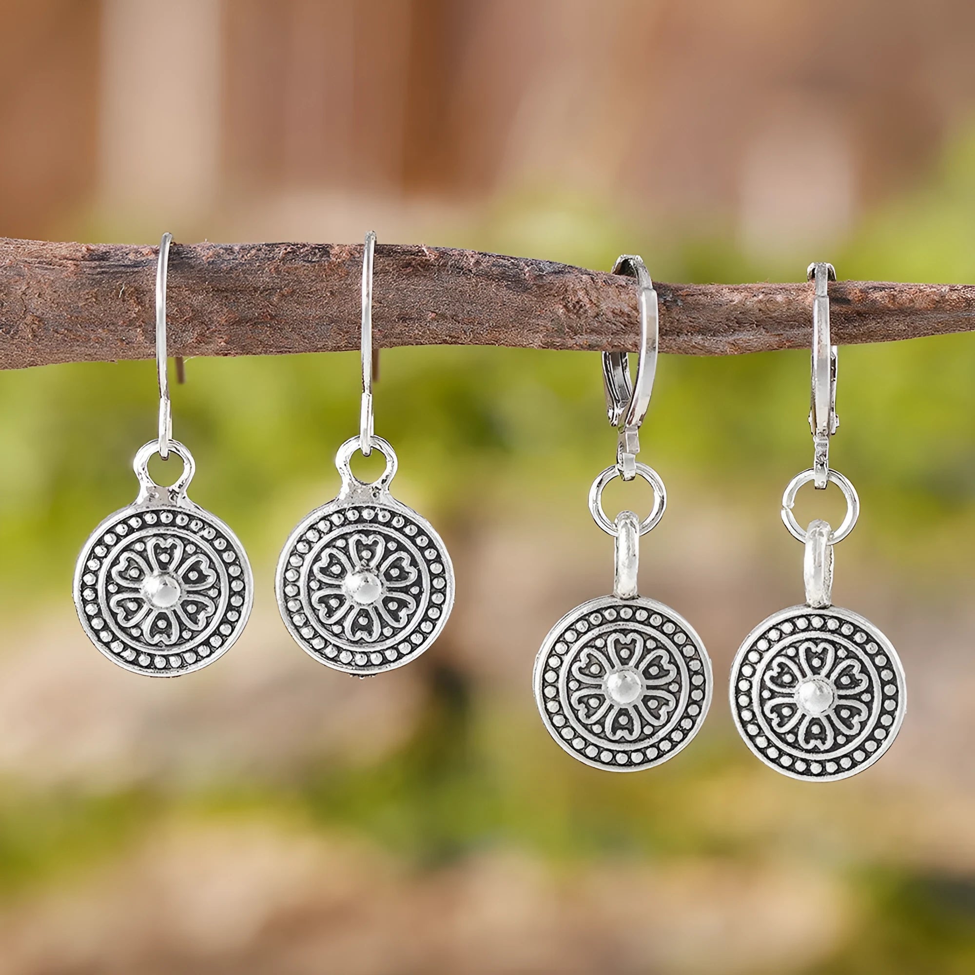 Geometric round zinc alloy earrings with distressed ethnic bohemian styling and electroplated finish