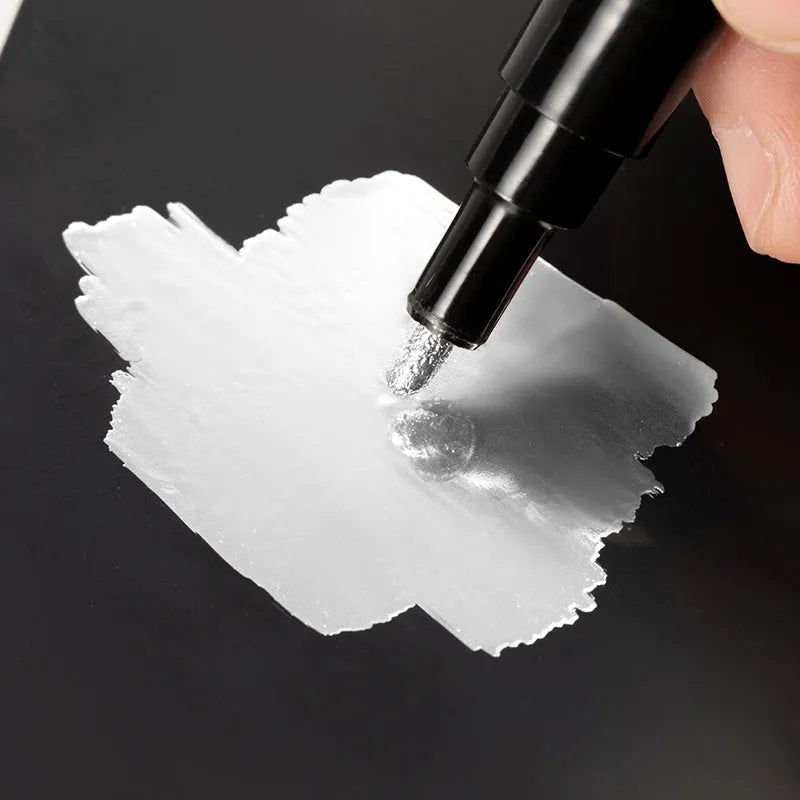 Waterproof mirror marker pen with black ink, shown with 1mm and 2mm tip size options.