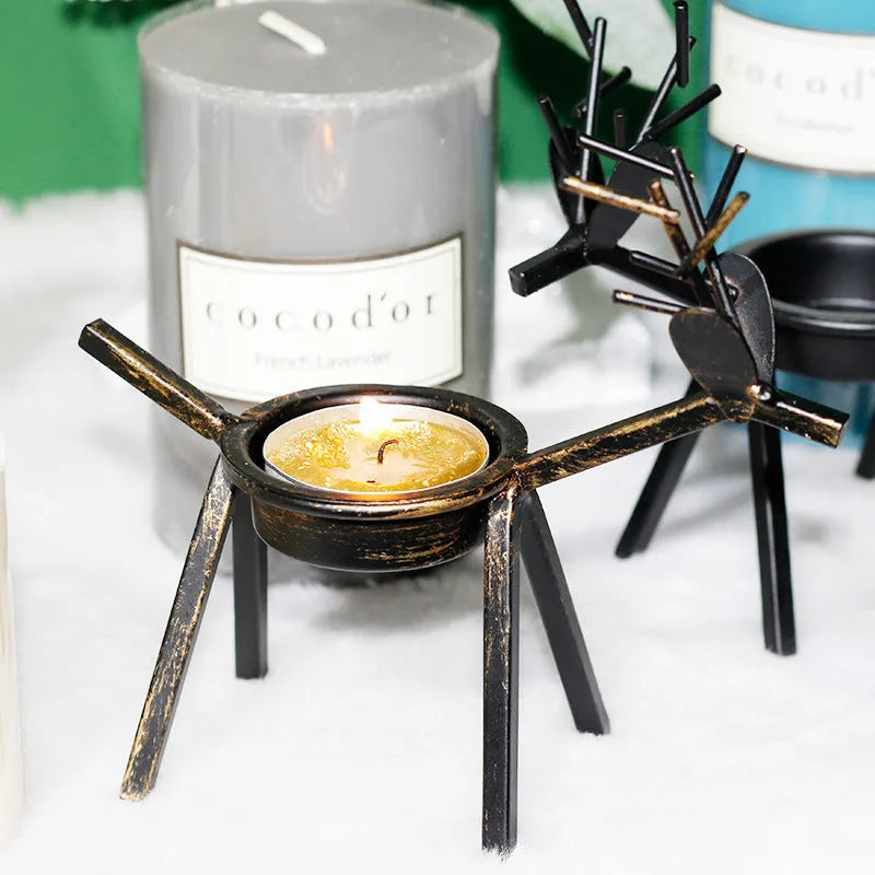 Black iron Christmas deer candlestick holder with creative elk bracket design for festive decoration