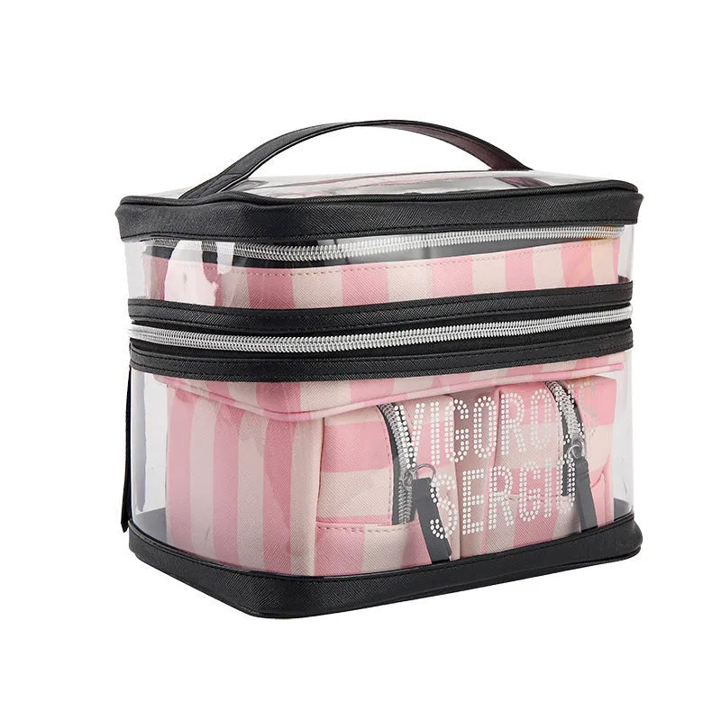 Pink bold stripes buggy bag makeup kit with flower pattern and folding design