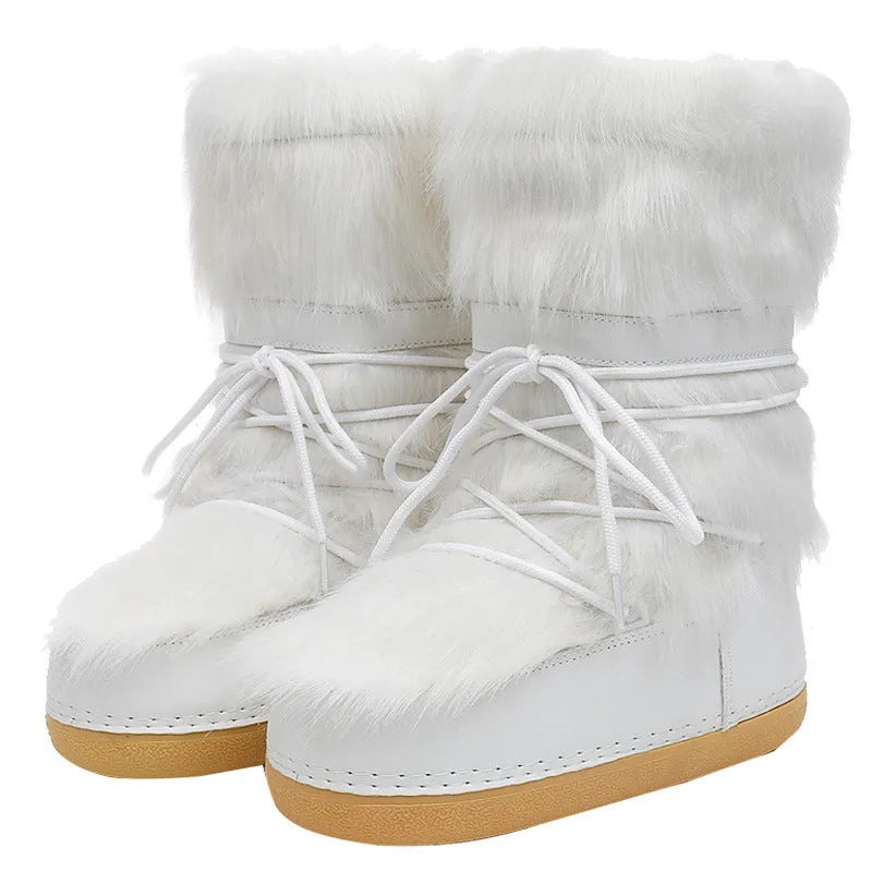 Women's white furry moon boots, fleece-lined mid-calf winter space boots, flat 2cm heel, PE sole, cross strap.