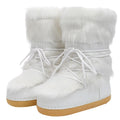Women's white furry moon boots, fleece-lined mid-calf winter space boots, flat 2cm heel, PE sole, cross strap.