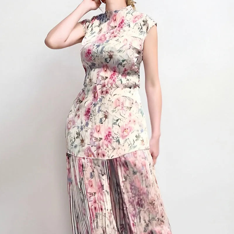Printed chiffon two-piece dress set with long sleeves and high waist