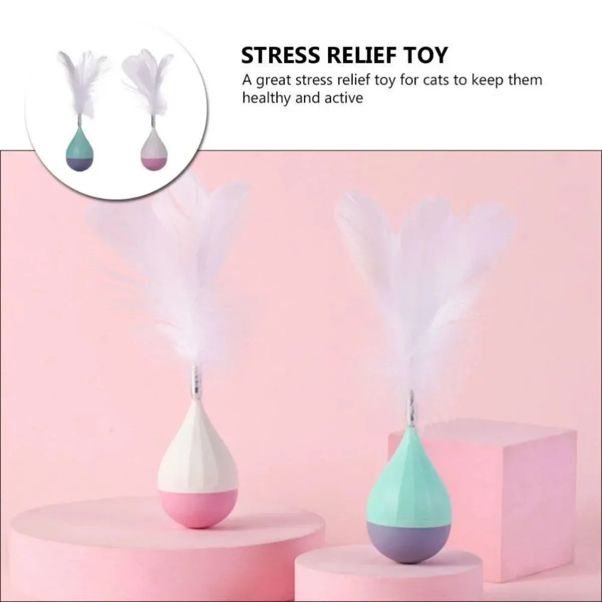 Feather tumbler cat toy with bite-resistant ball and goose feather teaser in green or pink