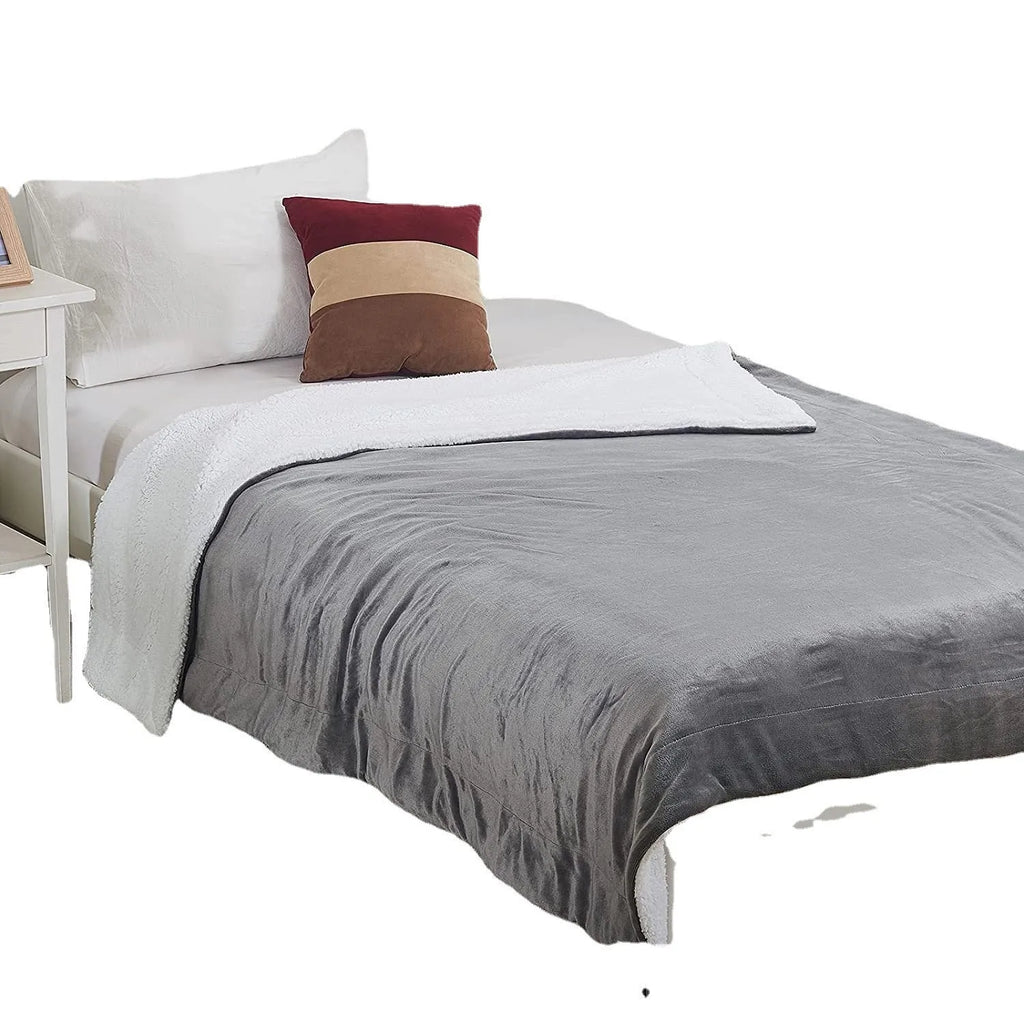 USB electric heating blanket showing temperature control and grey/brown/white flannel fabric