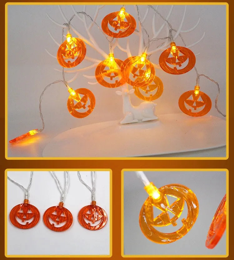 Halloween decoration LED string lights with 10 LED heads including pumpkin, bat, and ghost pendants on a dark background