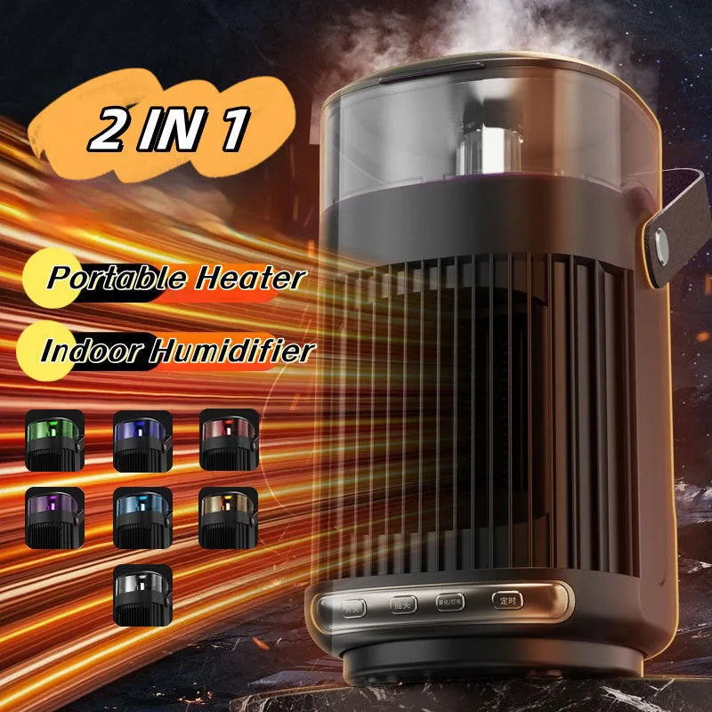 Black portable heater with humidifier measuring 24x13x13cm with front control buttons