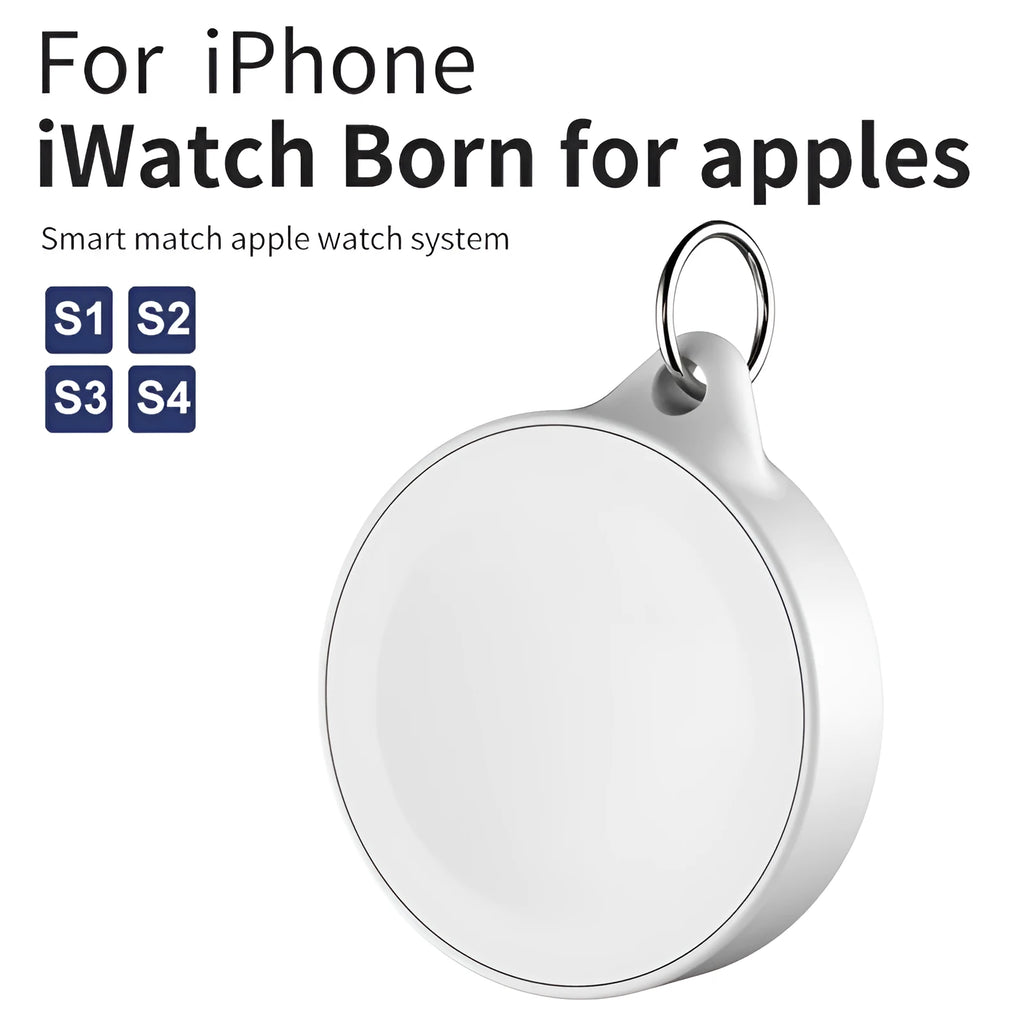 White magnetic USB watch charger with circular coil base for Apple Watch 1-4, keychain format