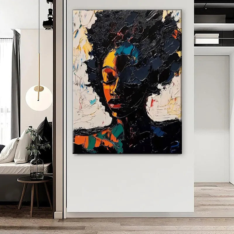 Hand-painted oil painting on canvas of an African woman in abstract graffiti street art style, vertical one-panel wall art.