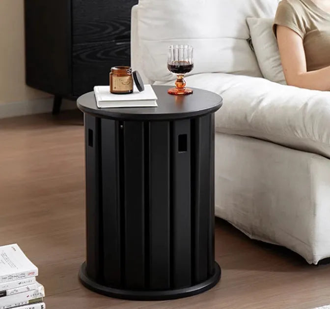 Stackable round metal dining stool in smoked black walnut finish with modern simple design