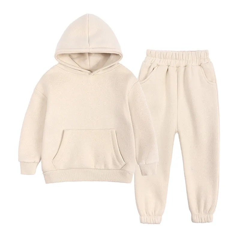 Children's cotton fleece hooded sweatshirt and trousers set in solid colour, sizes 90cm to 160cm