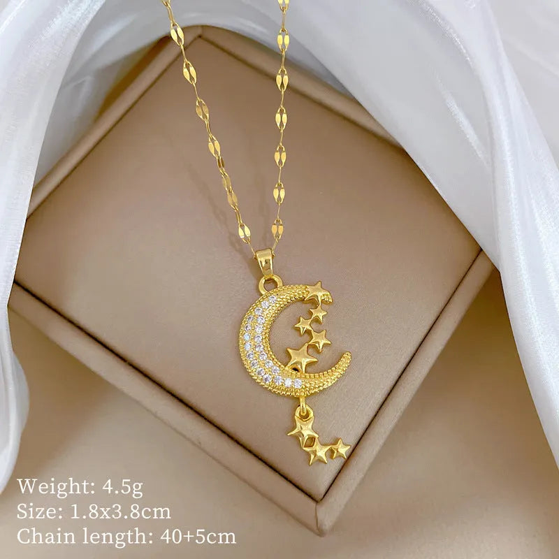 Stainless steel moon pendant necklace with geometric diamond pattern and copper accent