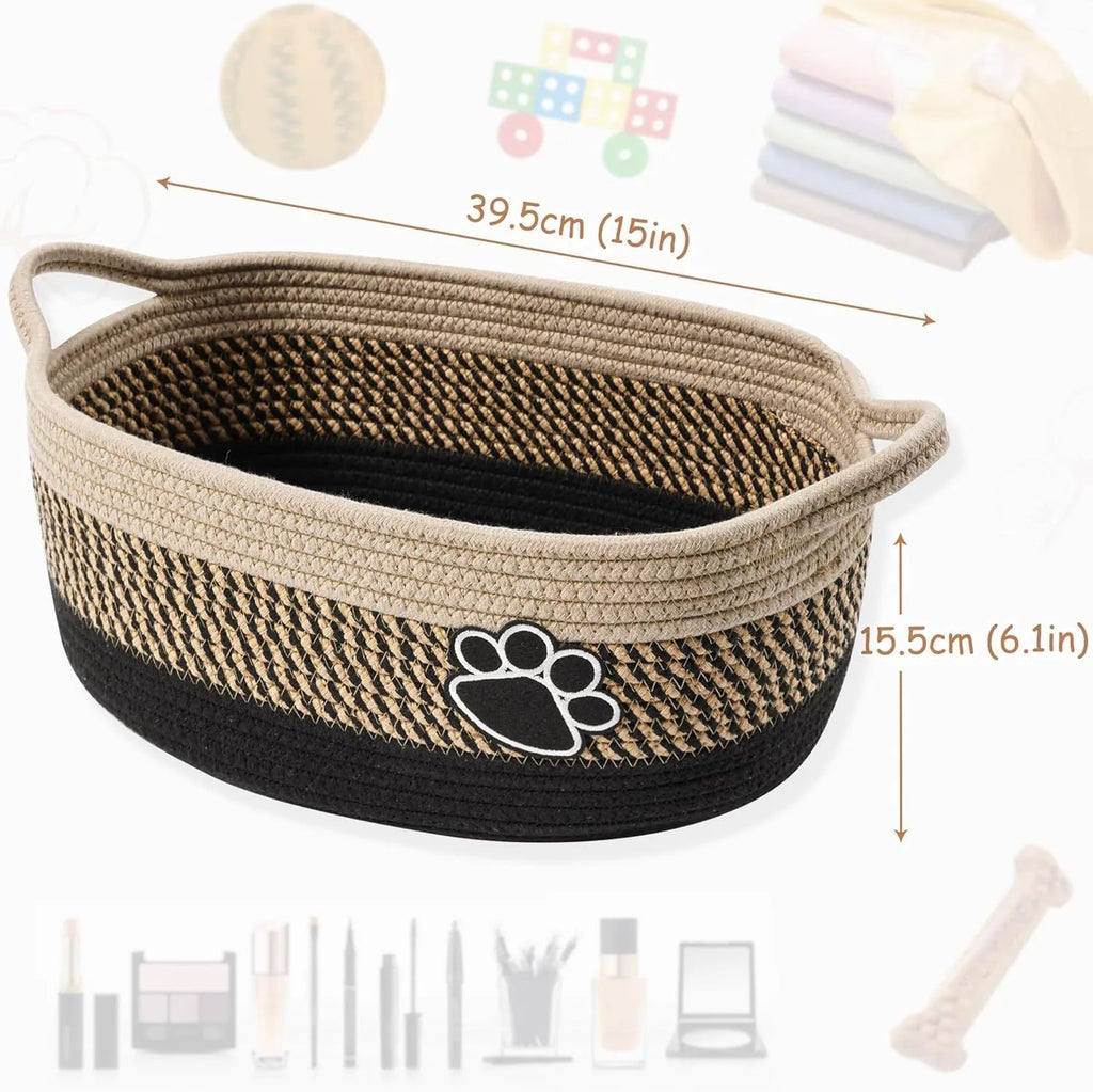 Light beige handmade cotton rope storage basket with wooden base and handle on a wooden floor