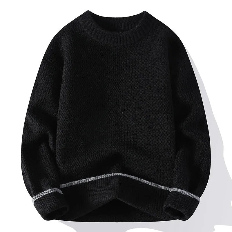 Men's loose fit round neck pullover sweater in polyester blend fabric for autumn casual wear