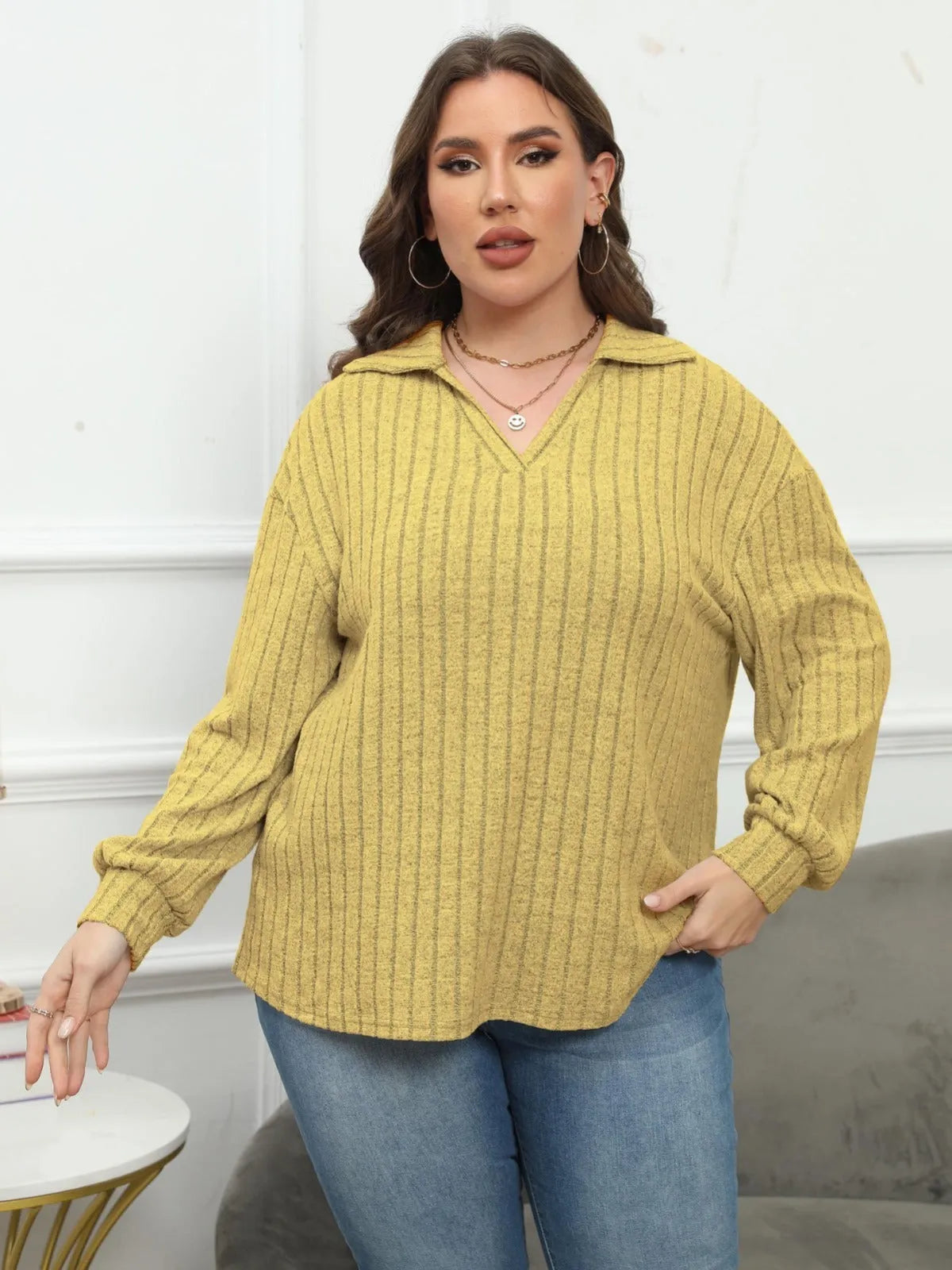 Women's plus size grey polo collar fleece pullover with lantern sleeves, Gothic street fashion style