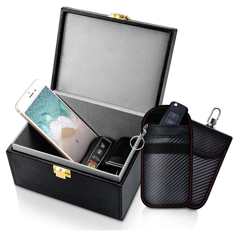 Carbon fibre RFID shielding box with two PU leather key cases for anti-theft protection