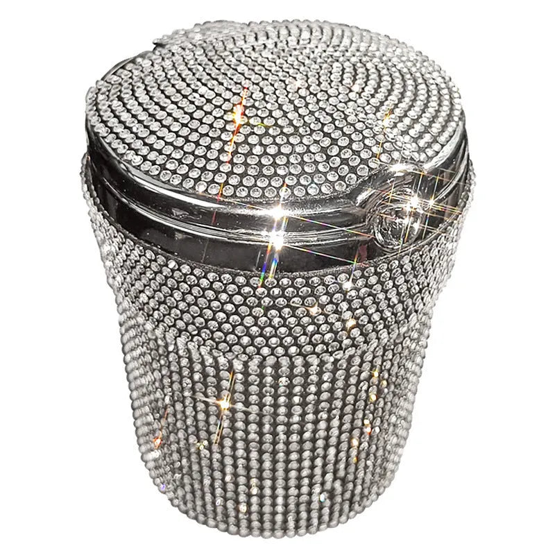 Covered car ashtray with diamond inlay, plastic and rhinestone, 7.5 x 7.5 x 9.5cm, in Black Diamond style