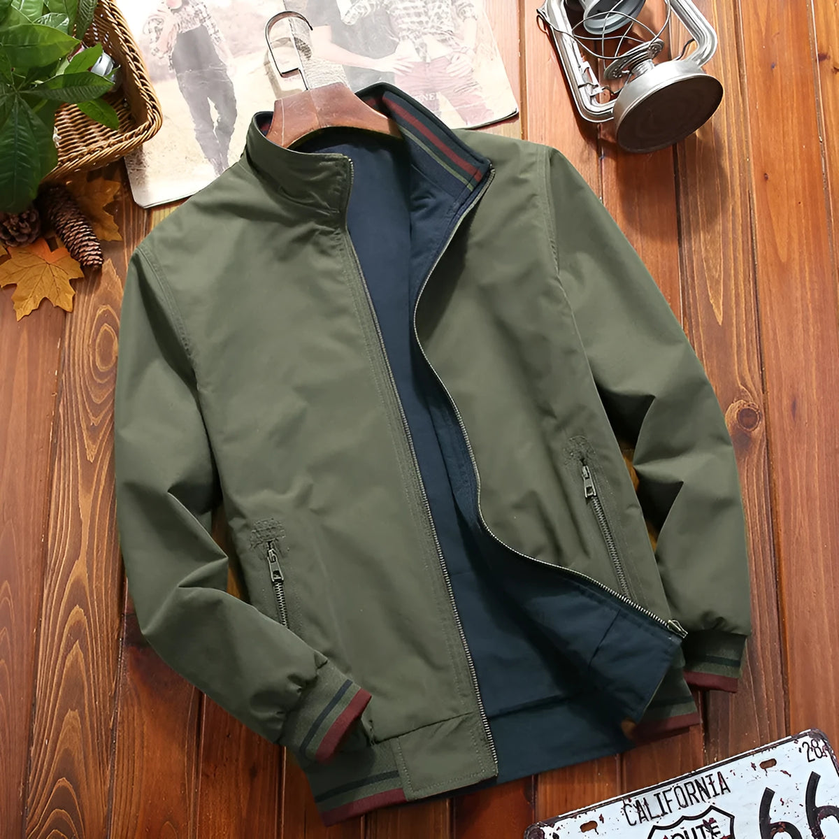 Men's double-sided wear stand-up collar casual jacket in army green, khaki, or black, sizes M to 6XL.