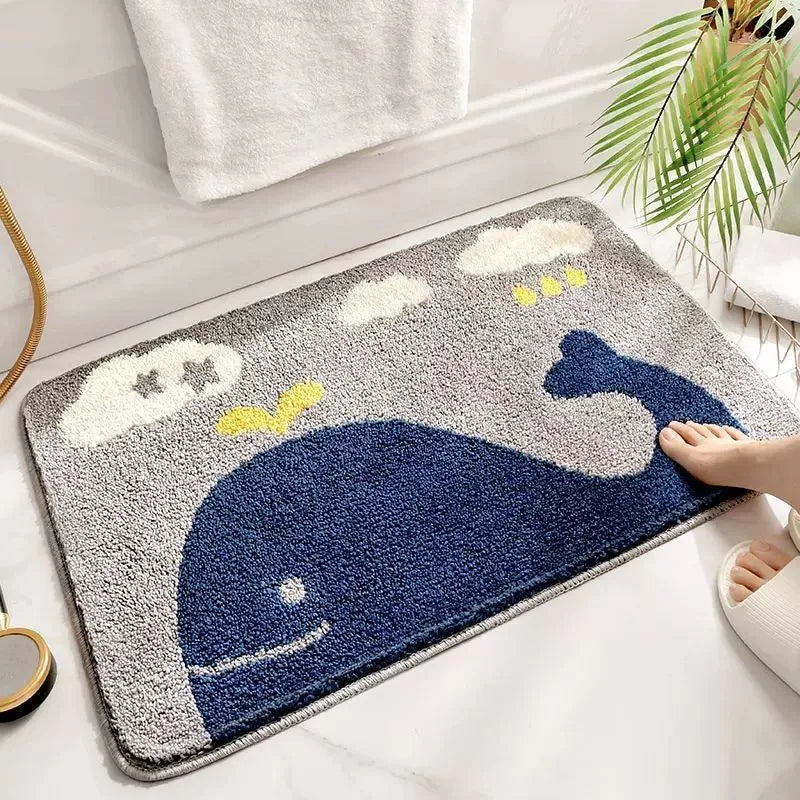 Cartoon non-slip bathroom mat with fountain whale pattern in polyester fibre